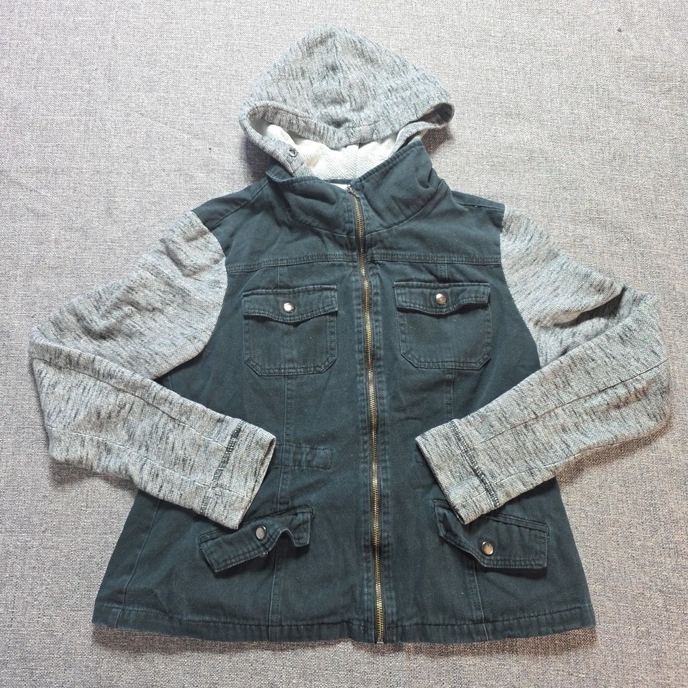 Ashley Utility Collection Size Large Denim & Knit Jacket Zip Front Black Grey  L